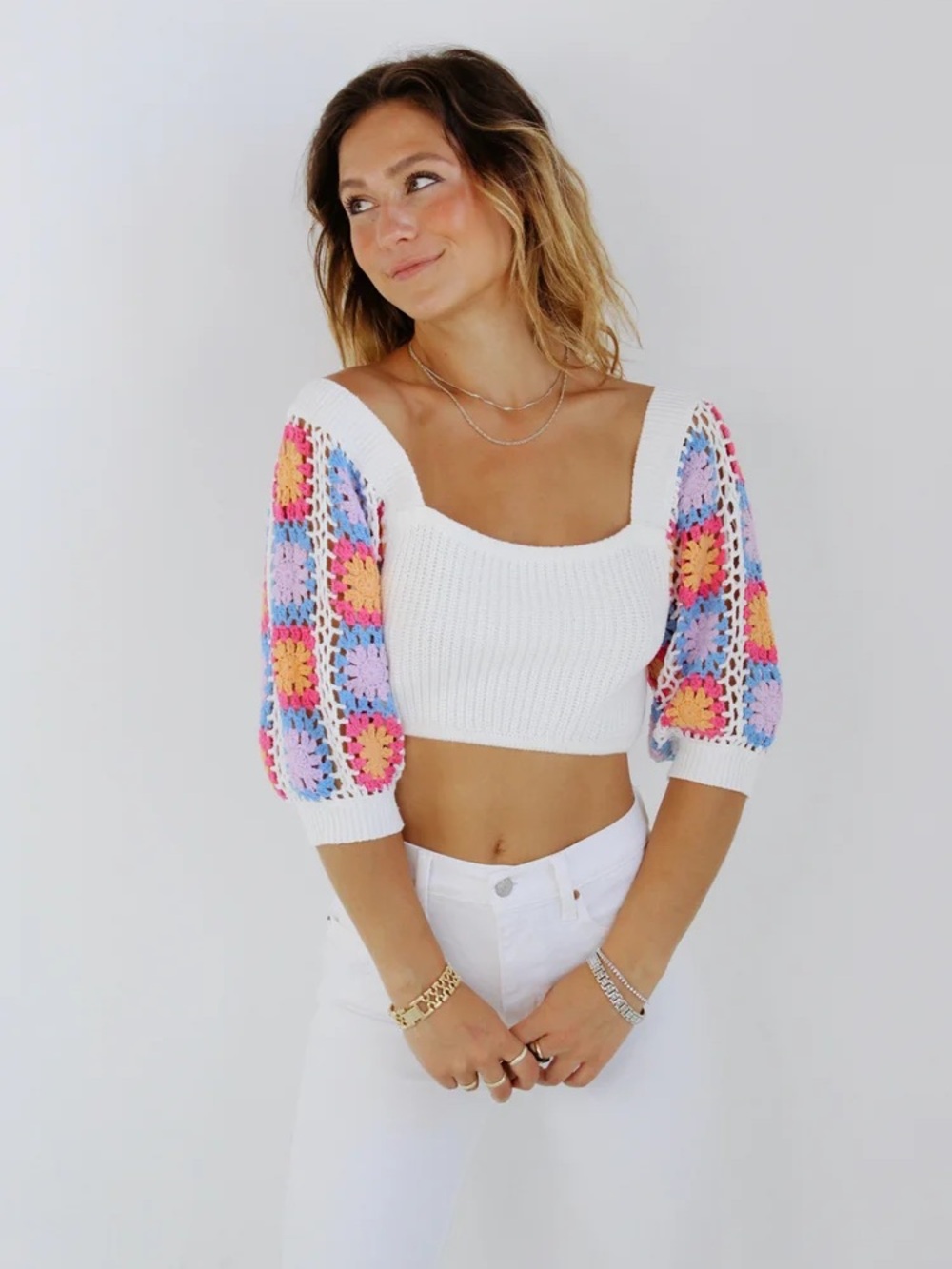 Boho Crochet Granny Square Puff Sleeve Knit Crop Top, M fits like L